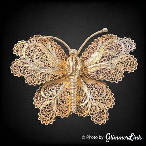 Vintage Sterling Silver Filigree Butterfly Brooch Gold Wash